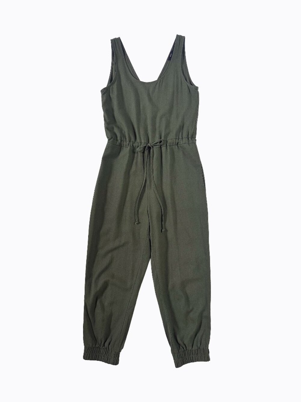 Drew Anthropologie Olive Linen Blend Jumpsuit S Drawstring Wrap Back Made in USA